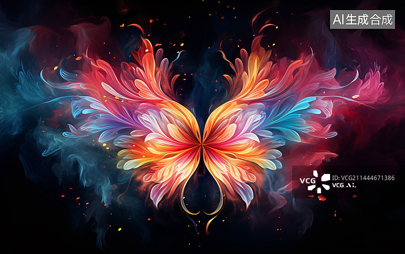 【AI数字艺术】蝴蝶对称图案，唯美卡通动漫渐变炫彩蝴蝶科技赛博朋克插画图片素材