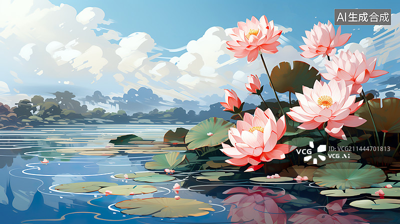 【AI数字艺术】水彩风格秋日荷塘荷花残荷插画背景图图片素材