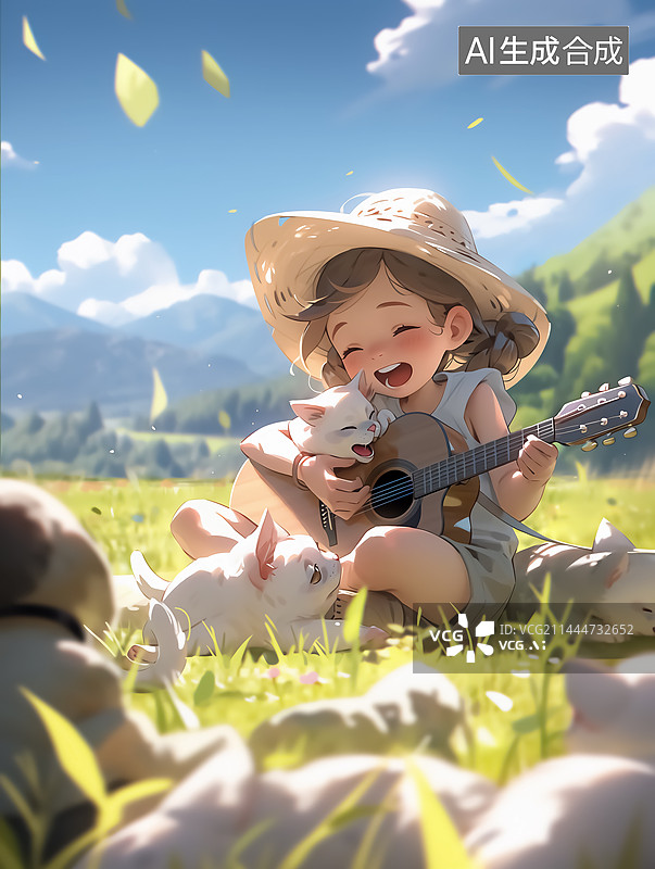 【AI数字艺术】男孩吉他弹唱插画图片素材