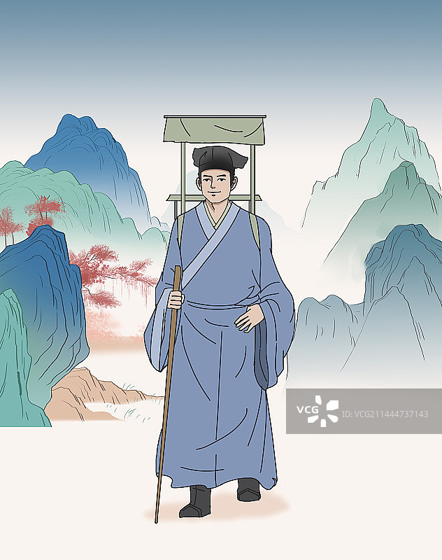 中国风新中式古风古典传统文化古人古时候古代科举考试举人聊斋志异宁采臣赶考风景山水山川插画图片素材