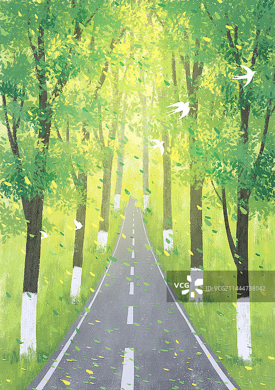 小清新插画节气春天树林飞鸟落叶马路图片素材