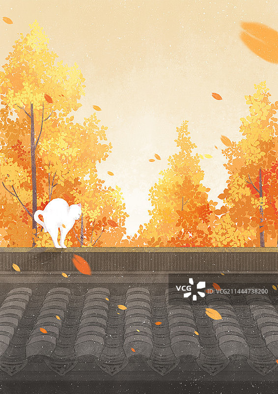 小清新插画节气秋冬寒冷树林屋顶落叶萧条猫伸懒腰图片素材
