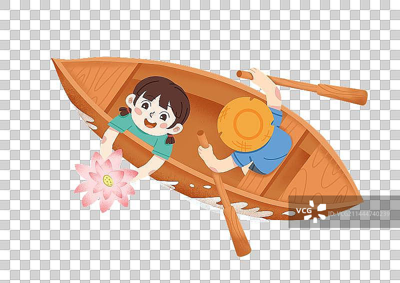 小女孩坐在木船上采荷花图片素材