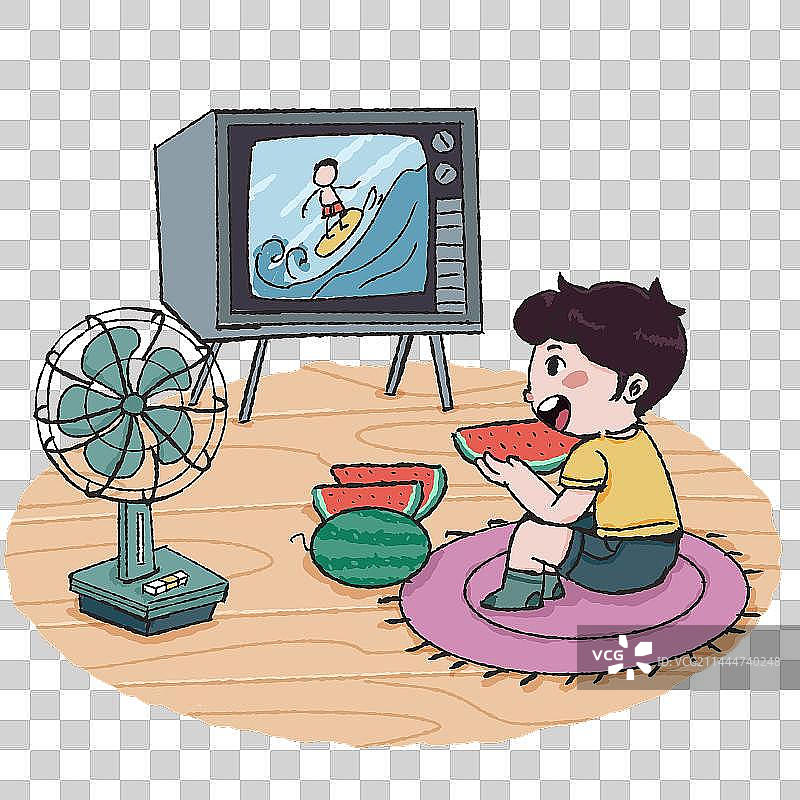 小男孩吹着风扇看着电视吃着西瓜图片素材