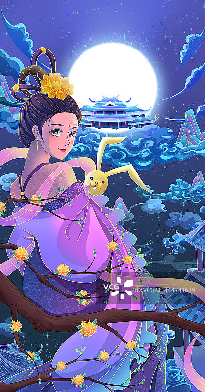 嫦娥抱玉兔中秋节插画图片素材