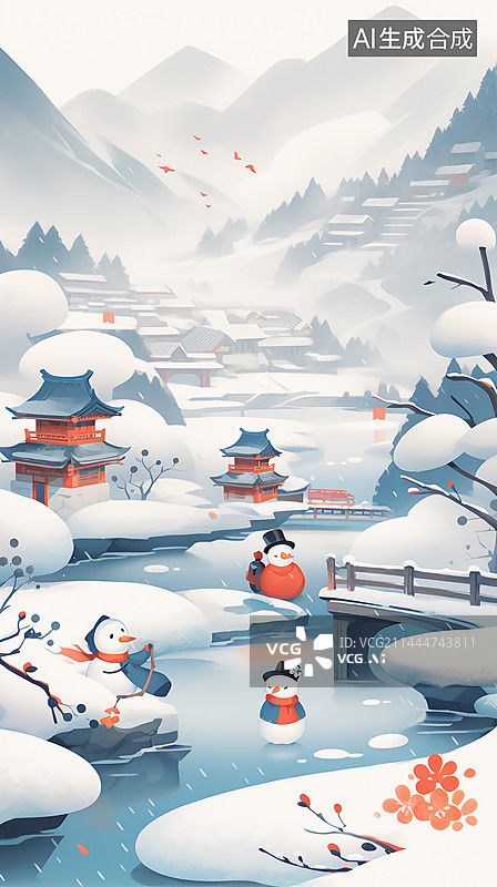 【AI数字艺术】冬天山水风景插画图片素材
