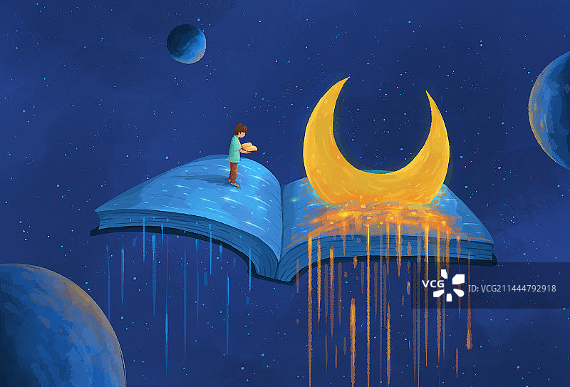星球书籍月亮和男孩插画图片素材