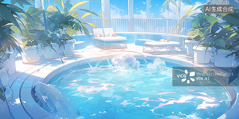 【AI数字艺术】夏天清凉游泳池度假唯美插画图片素材