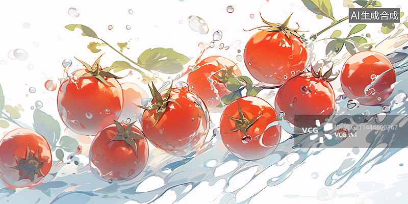 【AI数字艺术】多个红色番茄西红柿在水中夏天清凉唯美插画图片素材