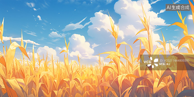 【AI数字艺术】玉米地秋收大场景水彩插画图片素材