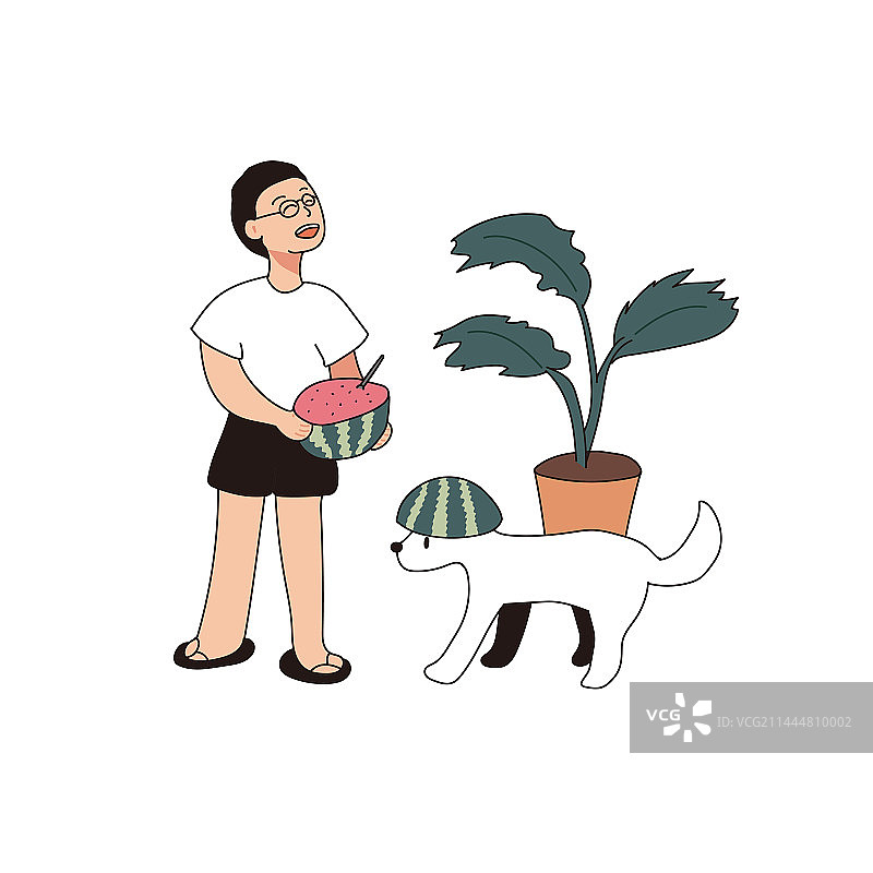 男孩拿着西瓜，狗狗被西瓜扣住脑袋插画图片素材