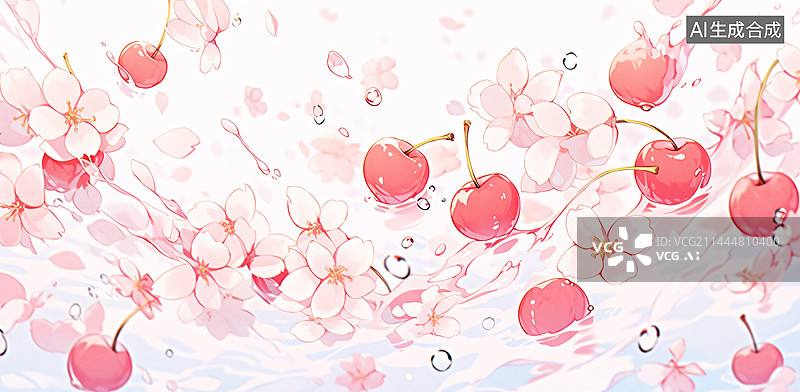 【AI数字艺术】粉红色樱桃和樱花浪漫背景插画图片素材