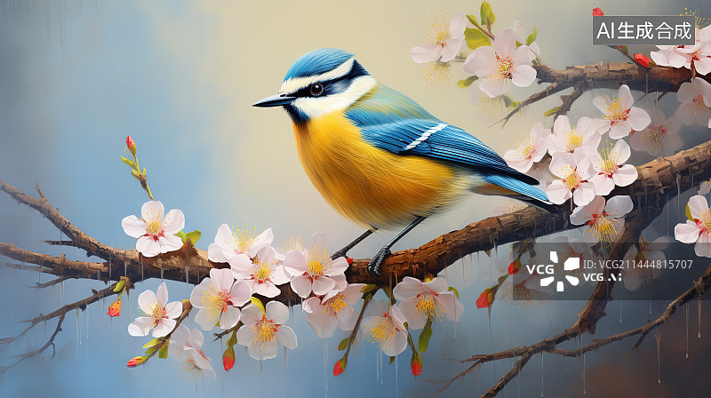 【AI数字艺术】鸟栖息在树上的特写镜头图片素材