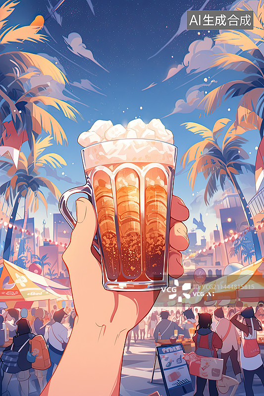 【AI数字艺术】一只手在啤酒节上拿着装满酒的透明啤酒杯图片素材