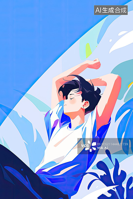 【AI数字艺术】闭眼伸展上半身的年轻男子图片素材