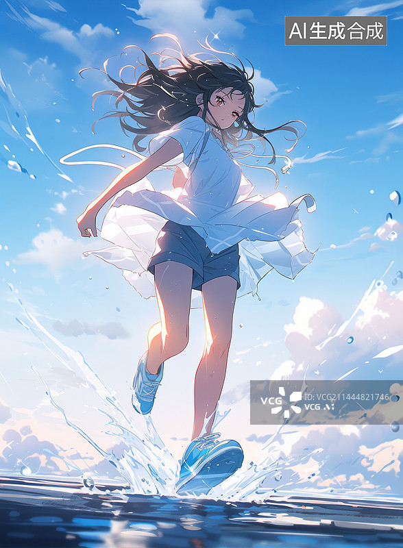 【AI数字艺术】奔跑着踩入水洼的年轻女生图片素材