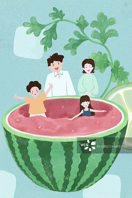 炎热的夏天，怀孕的妈妈，还有爸爸，儿子，女儿一家人开心快乐在一起吃西瓜图片素材