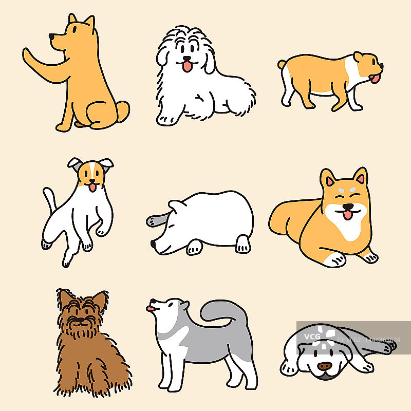 各种狗狗的黑白色线稿插画图片素材