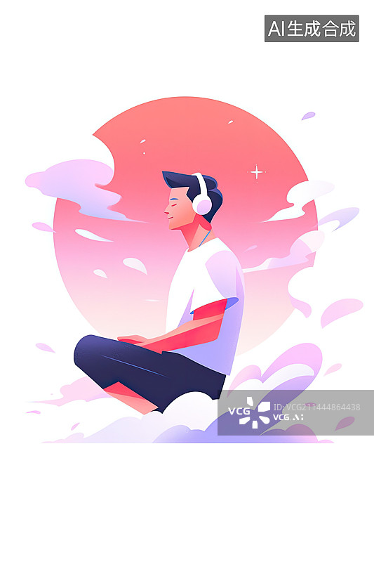 【AI数字艺术】带着耳机打坐冥想的男士侧面图片素材