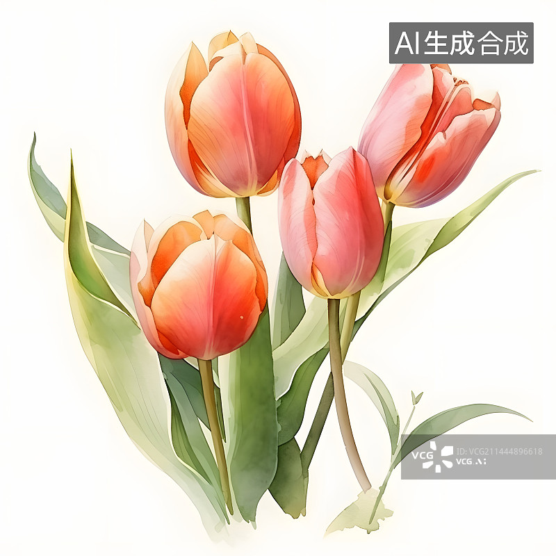 【AI数字艺术】水彩插画植物郁金香花朵图片素材