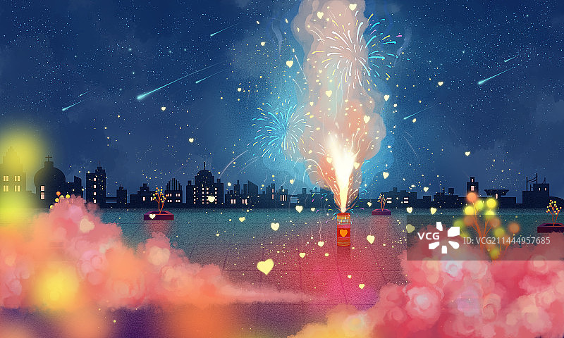 彩色风景，烟花，场景，治愈系，插画图片素材