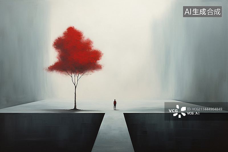 【AI数字艺术】一个人一颗树空旷场景灰色调插画图片素材