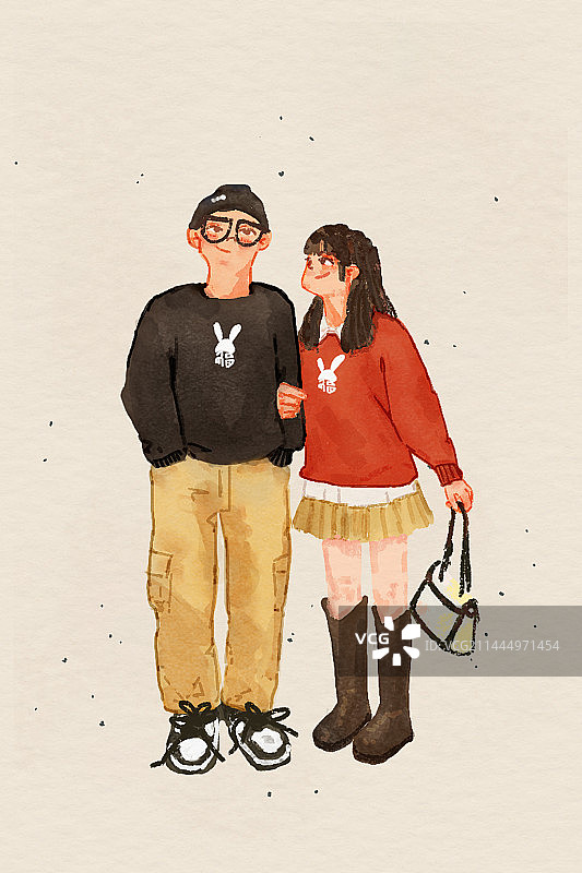肌理插画风可爱情侣人物情侣服装图片素材
