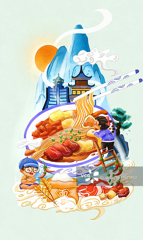 美食插画贵阳肠旺面城市图片素材