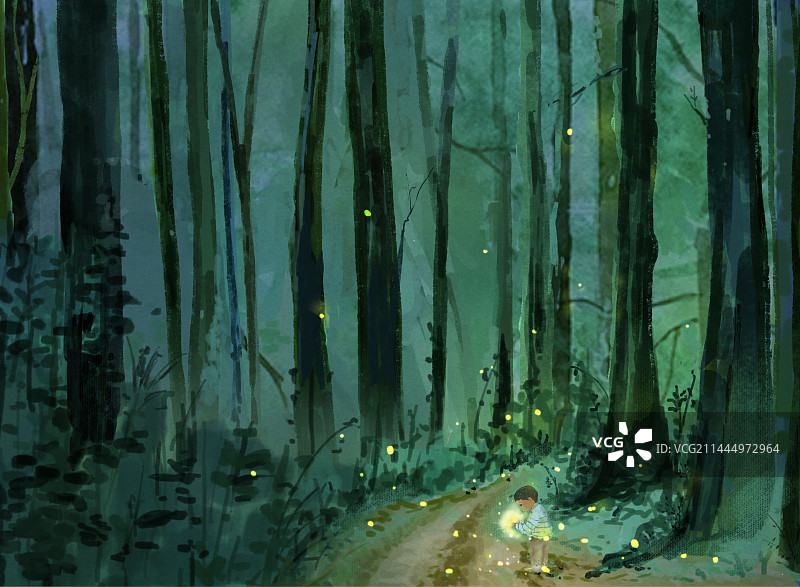 肌理插画风森系印象包装插画森林萤火虫图片素材