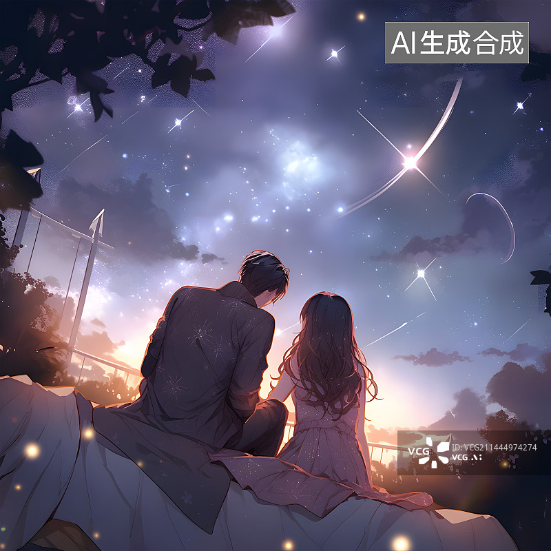 【AI数字艺术】AI二次元插画情人节七夕节夜晚两个人爱相伴图片素材