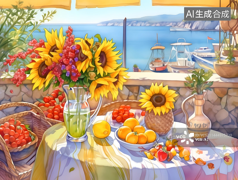 【AI数字艺术】AI插画纯艺原画油画向海边度假餐桌向日葵水果图片素材