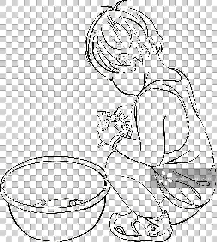 小儿剥莲蓬中国风节气插画元素图片素材