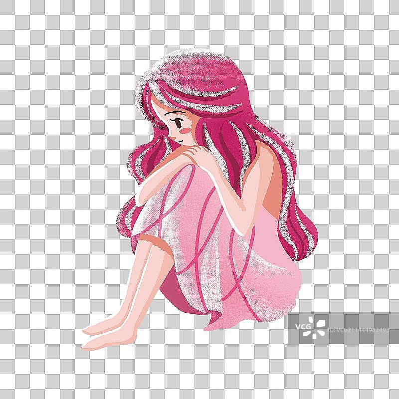 女孩抱膝盖受伤治愈抑郁心情难过难受不开心负面情绪安慰伤心反思儿童手绘绘本素材元素免抠透明底图片素材