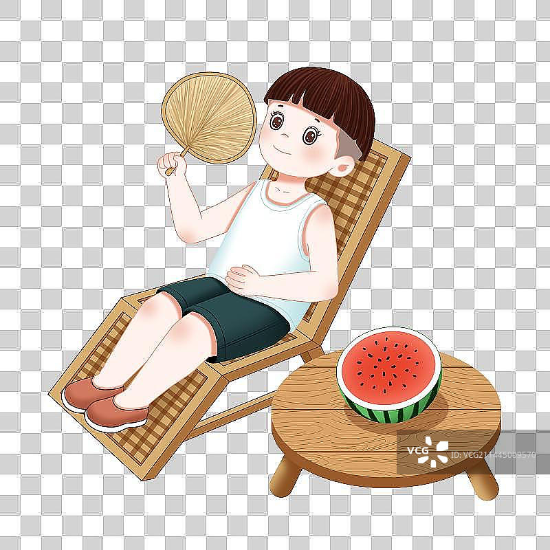 夏天躺椅上扇扇子吃西瓜的小孩图片素材