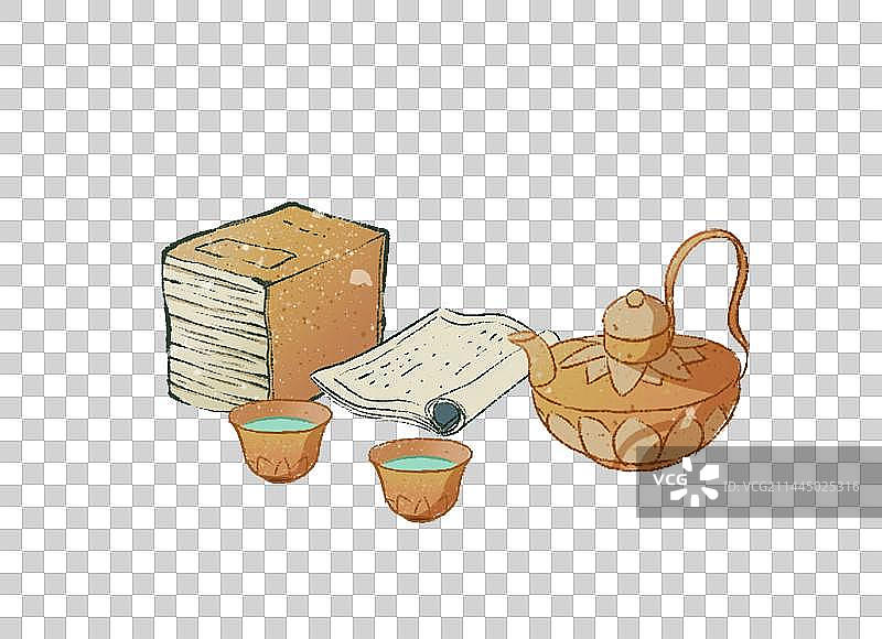 插画元素插图国潮经书经卷书卷书籍茶壶茶叶水杯水壶酒壶饮酒唐代传统文化图片素材