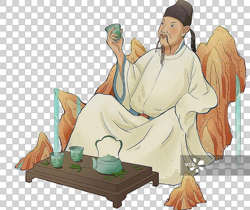古人诗人古代李白品酒品茶茶杯文雅国潮插画元素插图酒杯饮酒山水茶几图片素材