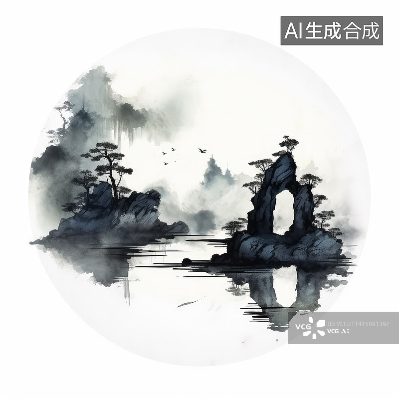 【AI数字艺术】中国水墨圆画中间写意的山林图片素材
