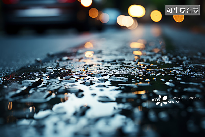 【AI数字艺术】下雨天夜晚湿漉漉的路面特写图片素材