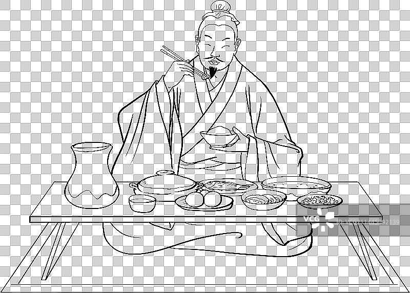 坐在桌前吃饭的古代人物元素图片素材