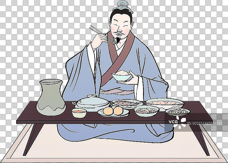 坐在桌前吃饭的古代人物元素图片素材