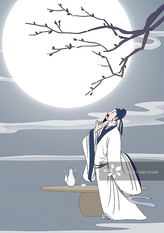中秋节日赏月的古代诗人李白风景插画图片素材