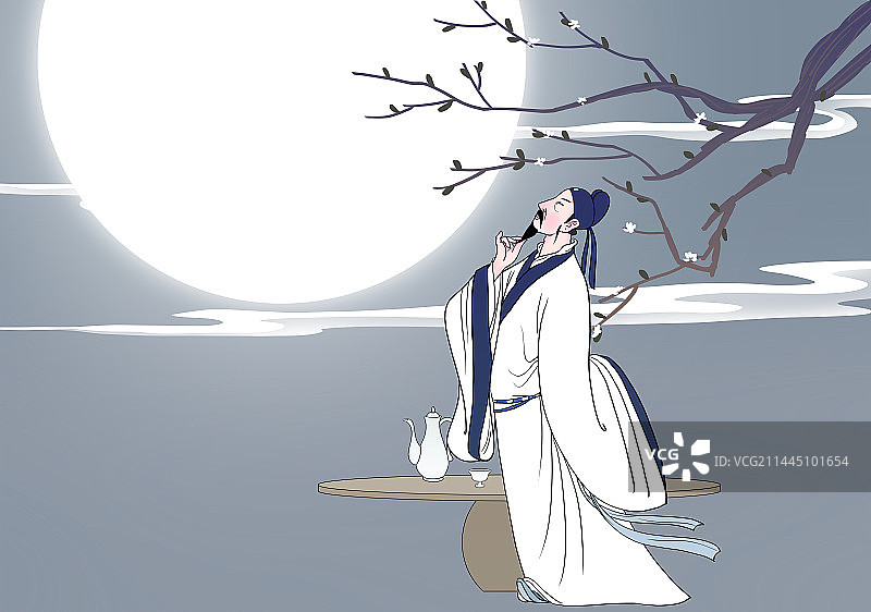 中秋节日赏月的古代诗人李白风景插画图片素材