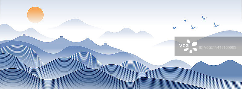 新中式创意国潮线描简洁山水矢量画图片素材
