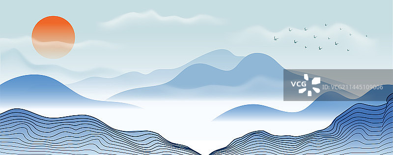 新中式创意国潮线描简洁山水矢量画图片素材