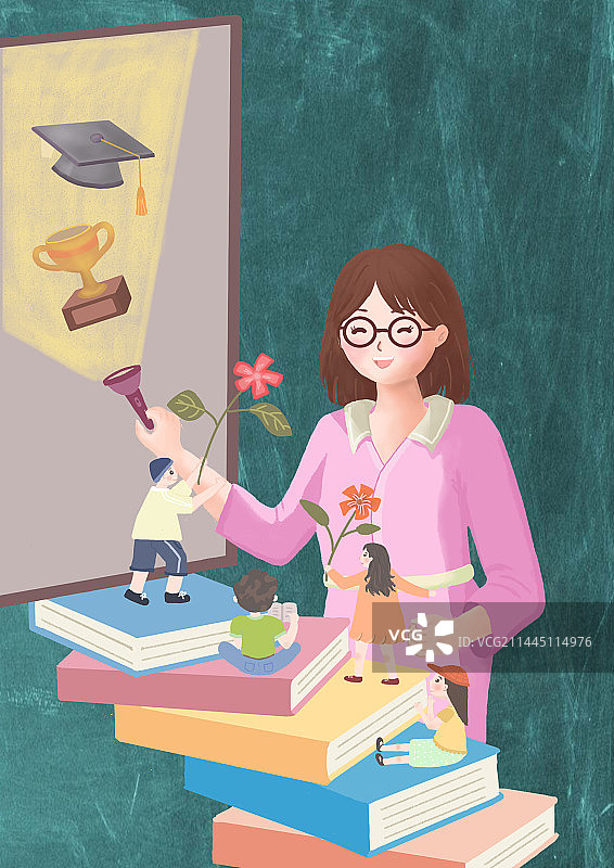 教师节老师书本前程照明电筒电灯卡通插画图片素材