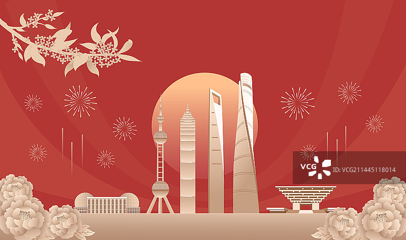 上海城市天际线牡丹桂花烟花矢量插画，中秋国庆节新年春节庆典插画图片素材