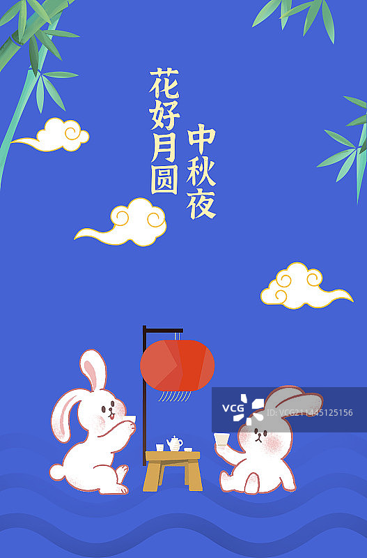 蓝色月兔圆月中秋插画海报模板图片素材