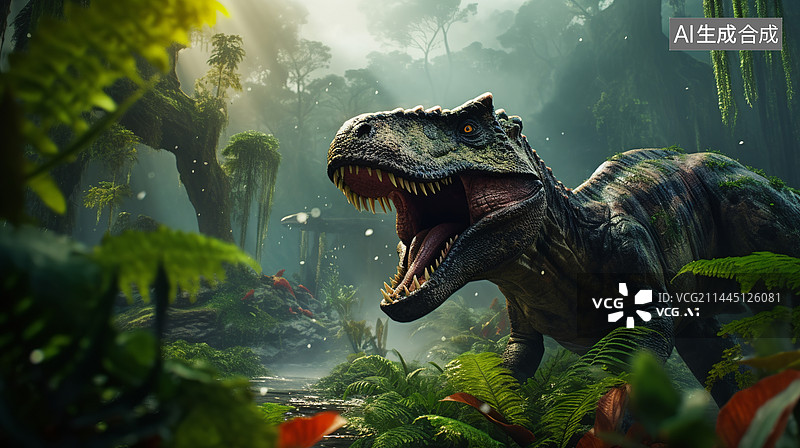 【AI数字艺术】热带雨林里的写实恐龙插画图片素材
