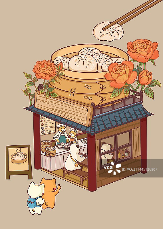 微场景插画｜城市主题之美食—狗不理包子图片素材