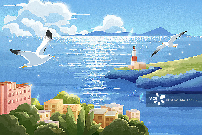 夏天蓝色大海浪漫海边度假治愈系插画图片素材